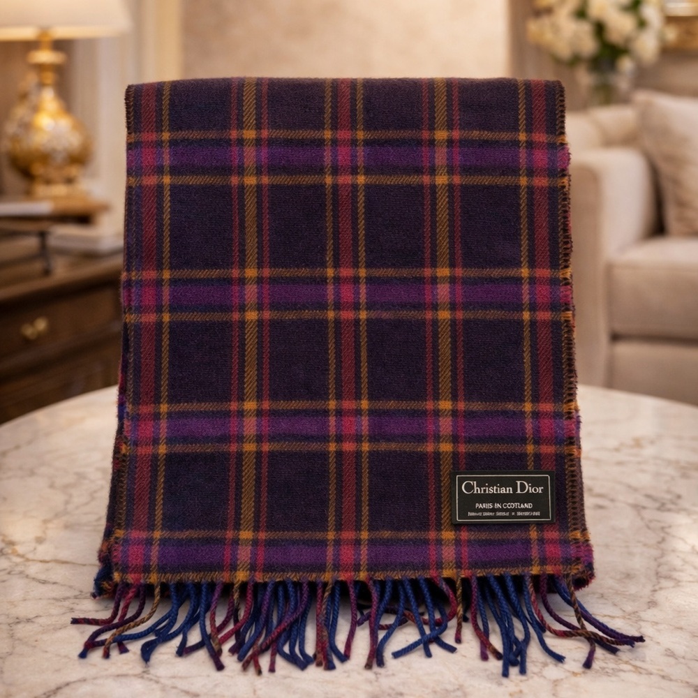 Christian Dior lambswool plaid scarf - Picture 1 of 12